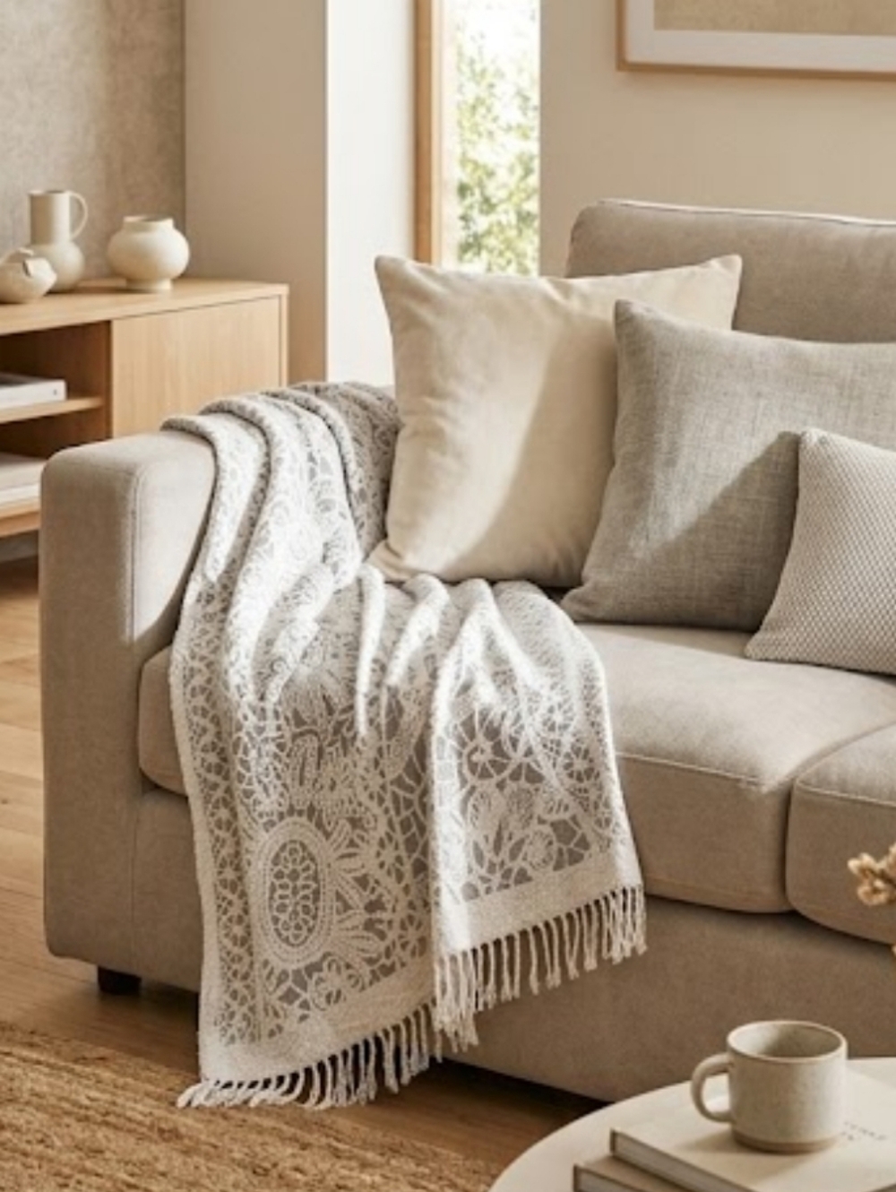 Zara Home Italian White and Light Gray Lace Pattern Fringe Throw
